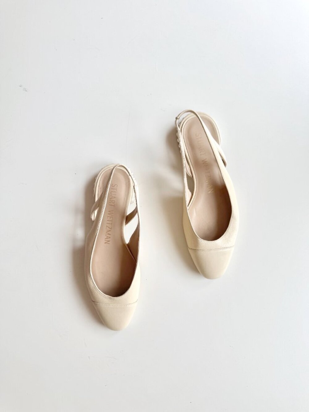 STUART WEITZMAN Ivory Leather Cap Toe Slingback Pearl Ballet Flats, Size 7.5
